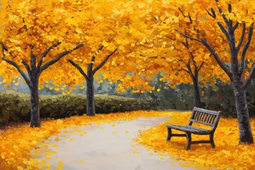 Vibrant Autumn Pathway with Golden Leaves and Wooden Bench