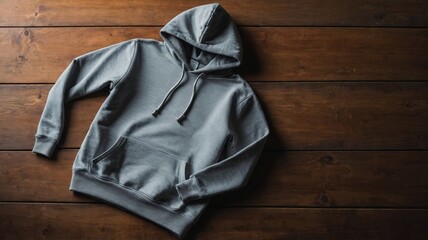 Mockup Gray Hoodie: Rustic Wood Background, Minimalist Style
