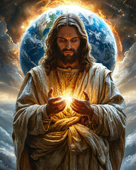Obraz premium a man who looks like Jesus Christ, with long hair and a beard. He is dressed in long light-colored clothes and holds a bright glowing ball in his hands. Behind him, the planet Earth is visible, surrou