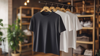 T shirt on hangers, oversized black blank only color T shirt and oversized white blank only color T shirt