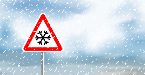 snowfall snow storm blizzard triangle road sign with snowflake copy space vector illustration © tarikdiz