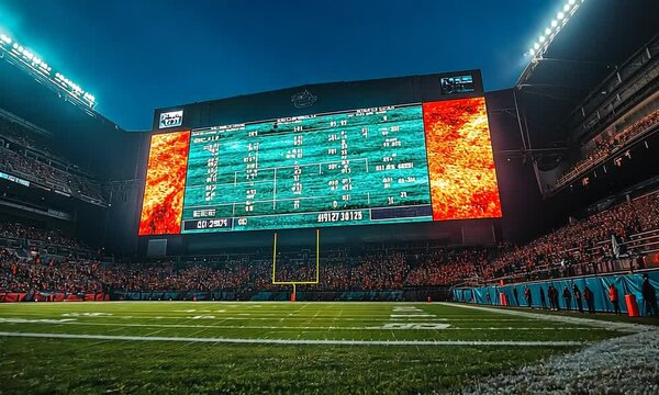 A sports scoreboard illuminated at night during a game.