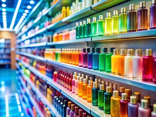 Fototapeta premium Tilt-Shift Photography: Miniature Shampoo & Conditioner Bottles Showcase Display
