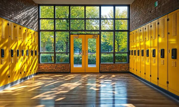 Bright school hallway with yellow lockers and large windows.