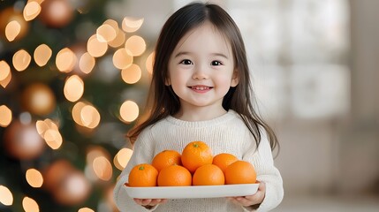 Cheerful child holding oranges cozy home portrait festive environment close-up joyful moments