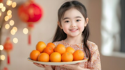 Celebrating tradition young girl holding oranges indoor portrait festive joyful atmosphere cultural significance