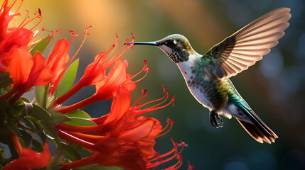 Fototapeta premium Iridescent Hummingbird in Flight: Capturing the Moment of Precision Feeding