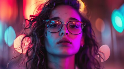 Obraz premium Young woman with curly hair and glasses posing confidently against a backdrop of colorful neon lights during a vibrant urban night scene