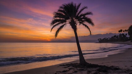 Solitary Palmyra Palm at Sunset: A Stunning Silhouette on the Beach