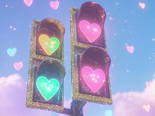 A traffic light with heart-shaped lights, in a cartoon style, featuring the highest light is red, the middle light is yellow and the lowest light is green colors, with sparkles, hearts, and a dreamy