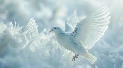 Obraz premium Majestic White Dove in Flight Among Ethereal White Petals, Symbolizing Peace and Serenity in a Dreamy Soft-Focused Environment