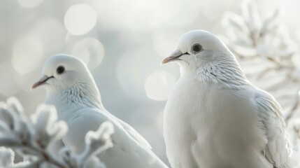 Two elegant white birds perched gracefully amidst a soft, frosty background with a dreamy bokeh effect, capturing the essence of winter beauty and tranquility.