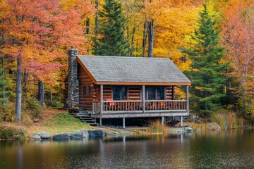 Fototapeta premium Rustic log cabin by autumn lake. (1)