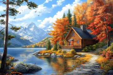Fototapeta premium Autumnal lake cabin nestled in vibrant fall foliage, majestic mountains backdrop.