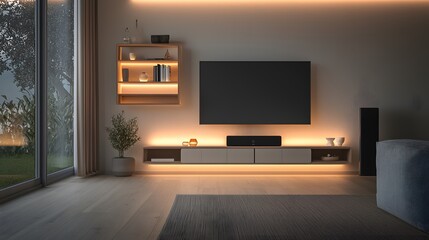 Modern Living Room with Integrated Lighting and TV Setup for a Sophisticated Home Organization System