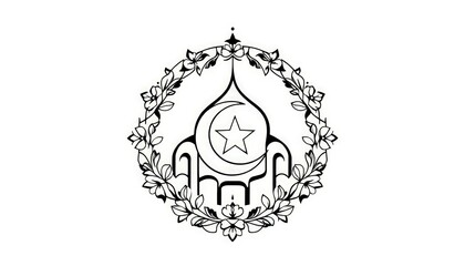 Obraz premium Circular mosque monogram with a crescent and star centerpiece, framed by floral ornaments.