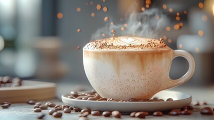 A cup of steaming cappuccino with intricate latte art, surrounded by coffee beans