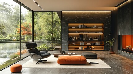 Modern Living Room Design With Pond View And Built In Shelving
