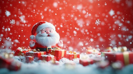 Obraz premium Joyful Santa amidst snow and gifts.