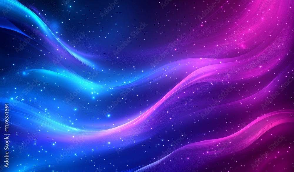 Poster abstract cosmic background with glowing neon blue and pink waves and sparkling particles.
