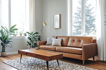 Minimalist, Mid century Modern interior design in the living room with brown leather sofa and table. Generative AI
