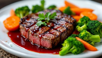 Perfectly Grilled Steak with Red Wine Reduction and Fresh Steamed Vegetables