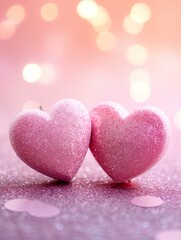 Obraz premium Valentines day festive background with two hearts In Shiny Background Valentine's Day glitter background