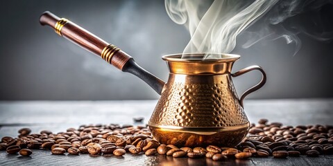 Traditional Coffee Brewing in a Turk on White Background - Stock Photo