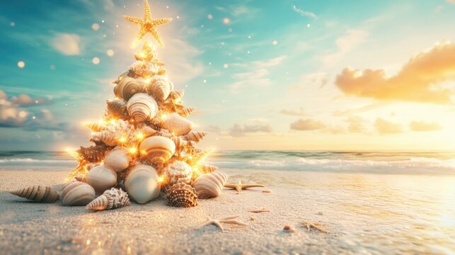 A glowing seashell and starfish Christmas tree on a tropical beach, set against a sunny backdrop, ideal for festive greeting cards and travel promotions