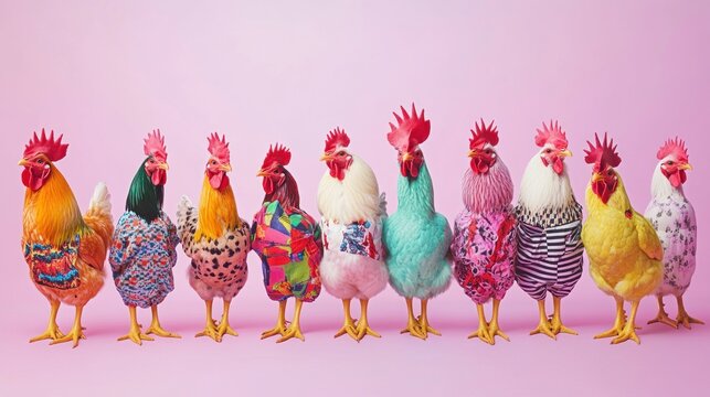 A group of chickens dressed in vibrant, fashionable outfits, each with unique patterns and colors, isolated on a solid pastel background, ideal for quirky advertisements