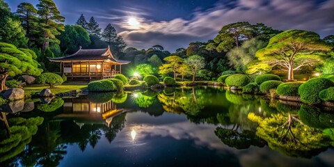Fototapeta premium Tranquil Kyoto Imperial Palace Pond Night Photography - Lush Greenery, March 2024