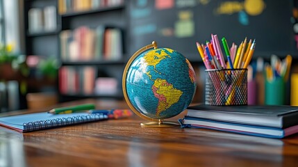 A study desk featuring a globe, notebooks, and colorful pens, ideal for learning and exploration.
