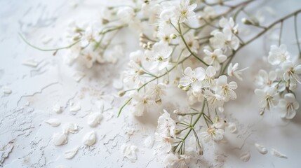 Delicate White Blossoms on Rustic Surface with Soft Petals Scattered Around Creating an Elegant and Serene Atmosphere for Floral Arrangement and Decoration