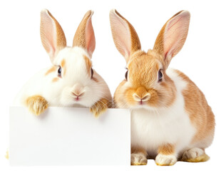 Obraz premium Two Cute Rabbits Holding a Blank Sign with a White Background