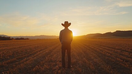 Fototapeta premium Silhouetted farmer in a cowboy hat stands in a harvested field at sunset. Image depicts rural life, agriculture, and the beauty of nature.