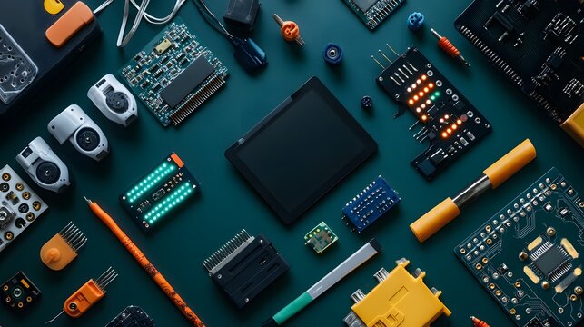 Creative Flat Lay Composition of Electronic supplies and Circuit Components on a Dark Background