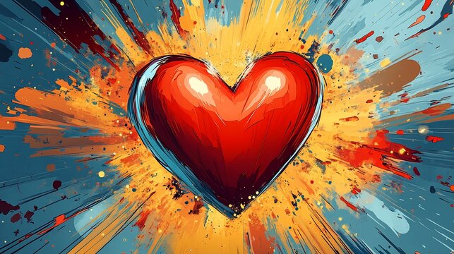 Vibrant red heart exploding with colorful paint splatters.