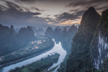 Xianggong Hill viewpoint panorama of beautiful green, lush and dense karst mountain landscape