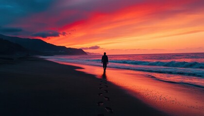 Serene Sunset Walk on Tranquil Beach with Vibrant Sky Colors