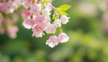 Fototapeta premium Delicate Pink and White Bell Flowers in a Gentle Sunlight with a Soft Green Background