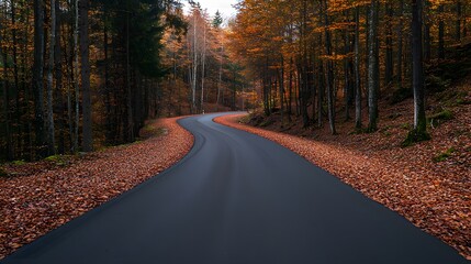 Fototapeta premium Winding Narrow Road Through Autumn Countryside Surrounded by Colorful Leaves and Tall Trees
