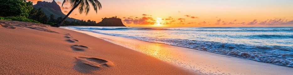 Obraz premium Serene Sunset Beach with Footprints and Vibrant Sky Reflection