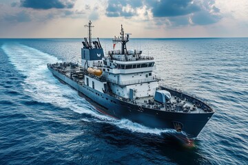 Obraz premium Here is the image of a ship in the sea under a clear blue sky 