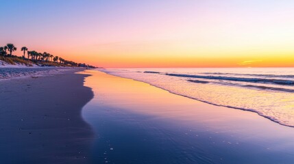 Serene Beach Sunset with Calm Water and Colorful Sky Reflection