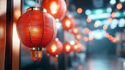 A cluster of vibrant traditional red lanterns glowing brightly and illuminating the entrance of a lively Asian cultural festival or The lanterns create a warm