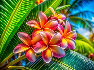 Obraz premium Tropical Island Paradise: Frangipani Blossoms and Palm Leaves