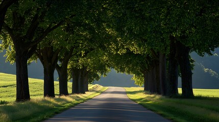 Fototapeta premium Serene Country Road Lined with Lush Green Trees Under a Bright Blue Sky in Picturesque Landscape