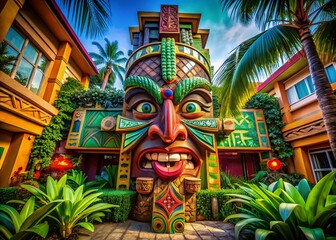 Tropical Letters Totem Mask Architectural Photography Stock Photo