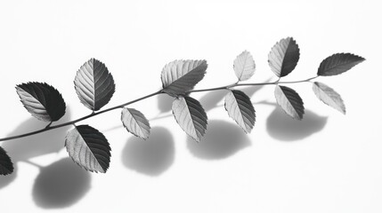 Monochrome sprig with leaves and shadows on white.