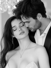 Fototapeta premium A classic black-and-white photo captures the groom tenderly kissing the brideโ€s forehead beneath a stunning chandelier, exuding vintage elegance and romance.